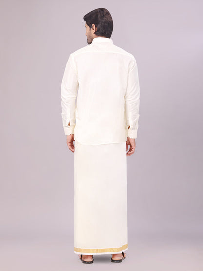 Mens Art Silk Cream Full Sleeves Shirt with 50k Gold Jari Border Dhoti Combo Finesse