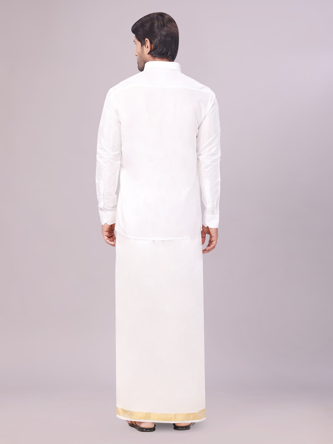 Men's Art Silk Half White Full Sleeves Shirt with 70k Gold Jari Border Dhoti Combo Finesse back pose