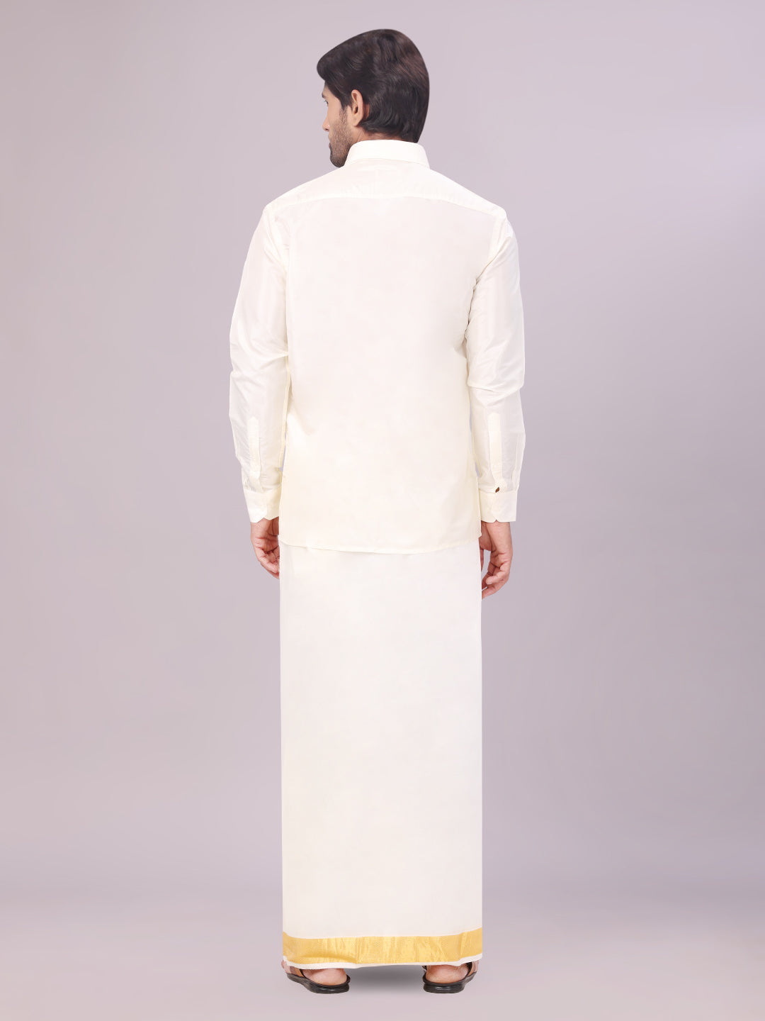 Mens Art Silk Cream Full Sleeves Shirt with 100k Gold Jari Border Dhoti Combo Finesse back pose