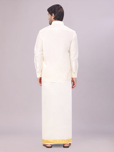 Mens Art Silk Cream Full Sleeves Shirt with 100k Gold Jari Border Dhoti Combo Finesse