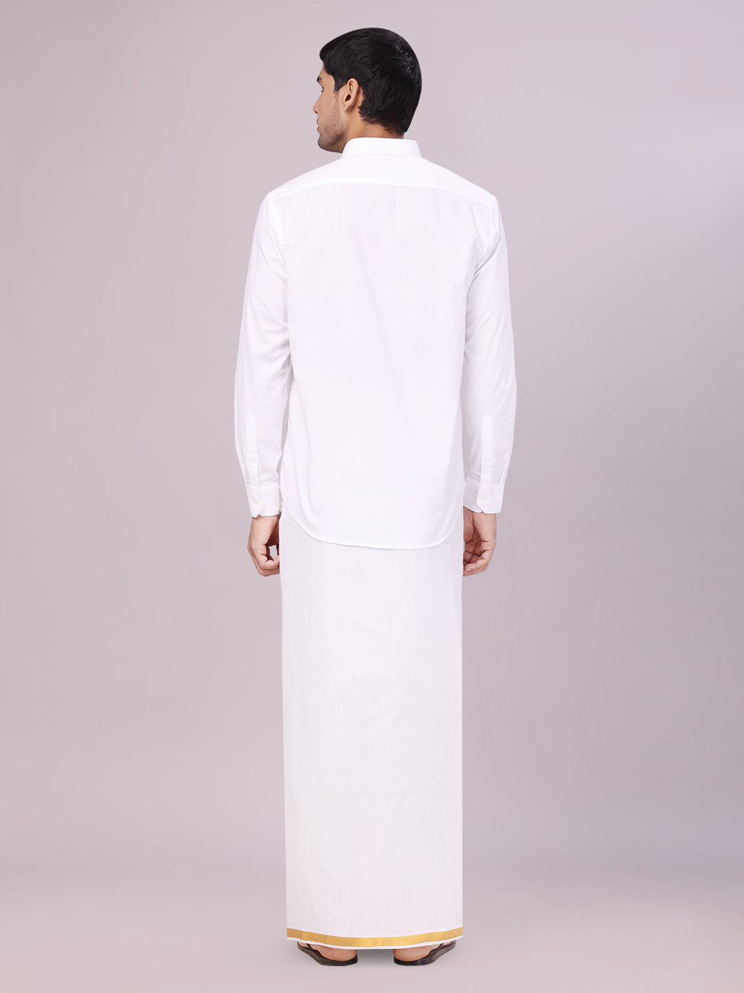 Men's Pure Cotton Wedding White Shirt with Flexi Waist Gold Jari Dhoti and Towel Combo - Anandham White back pose