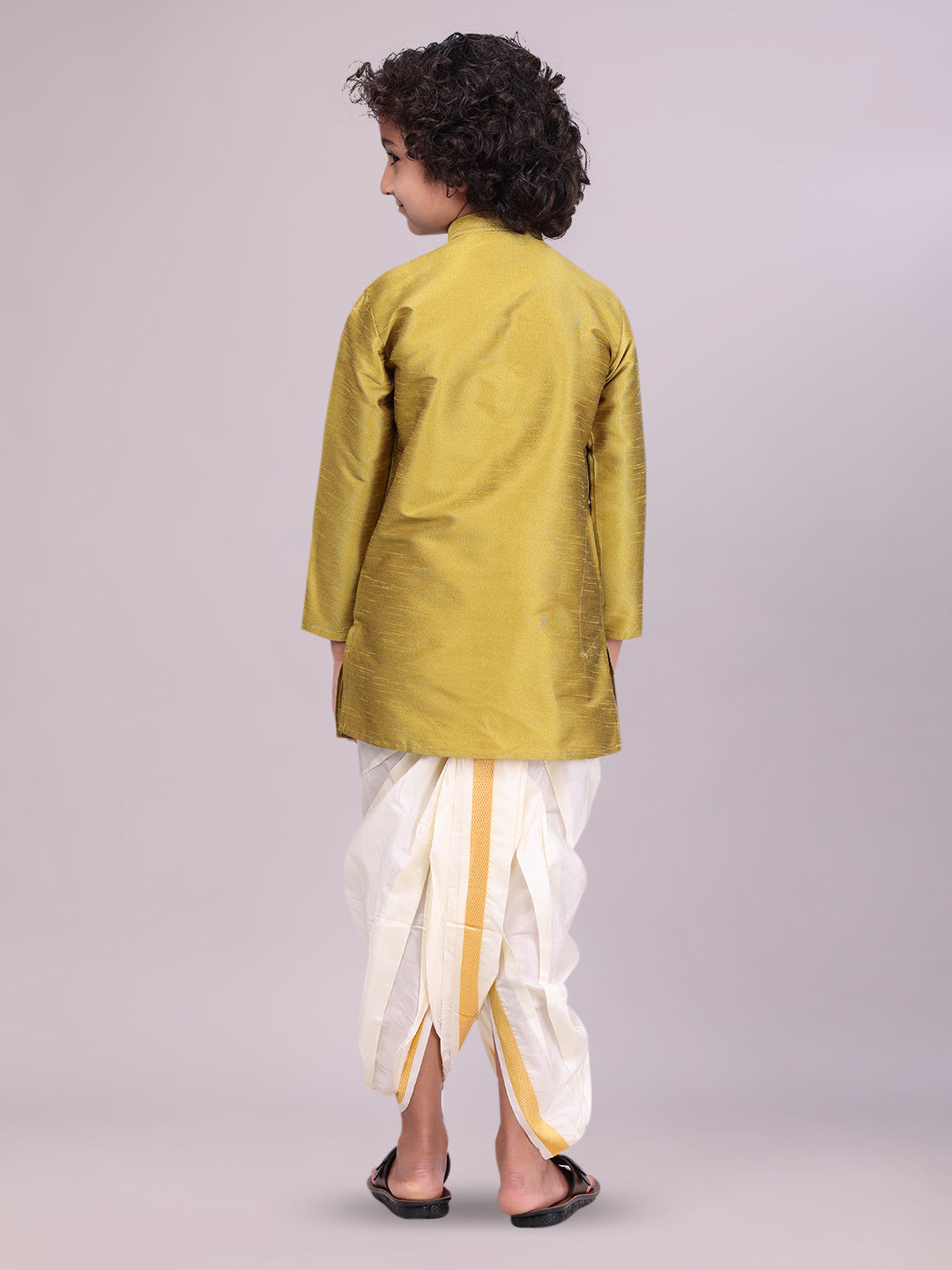 Boys Light Green Colour Kurtha with Gold Jari Panchakacham Combo Chitrang back pose