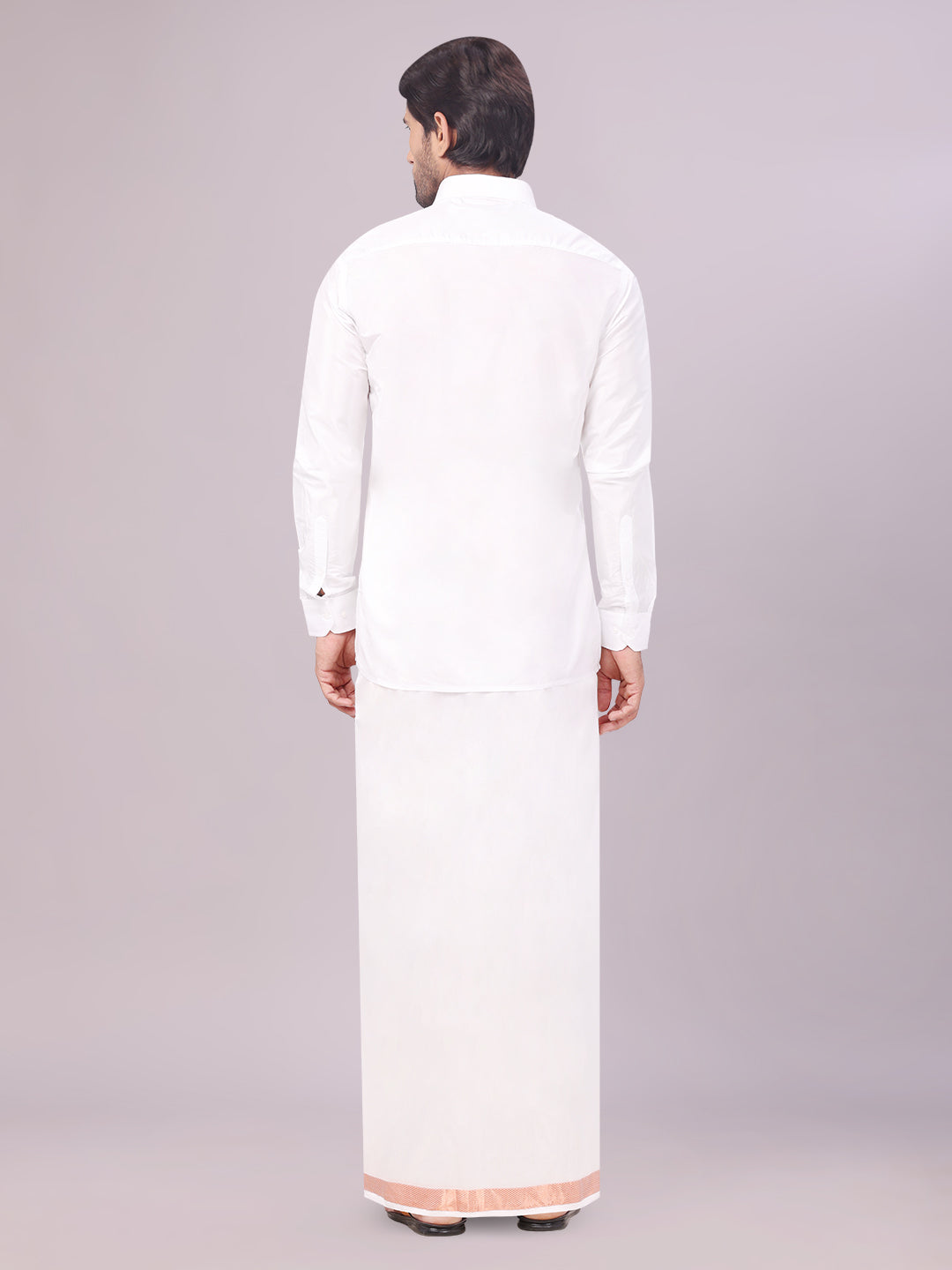 Mens Art Silk Half White Full Sleeves Shirt with Copper Jari Border Dhoti Combo Finesse