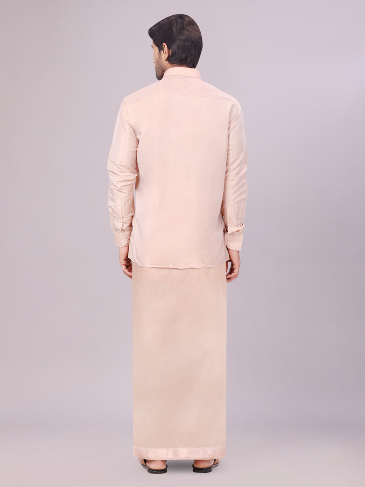 Men's Art Silk Light Copper Full Sleeves Shirt with Copper Jari Border Dhoti Combo Finesse back pose