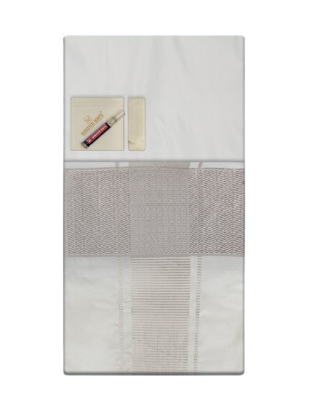 Men's Premium Art Silk H W Silver Shirt Bit with 4" Gold Jari Border Dhoti Combo Tilak