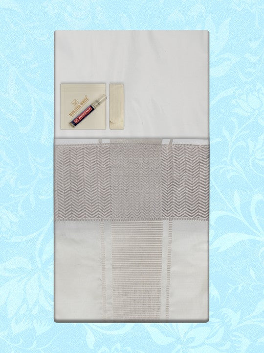 Men's Premium Art Silk H W Silver Shirt Bit with 4" Gold Jari Border Dhoti Combo Tilak