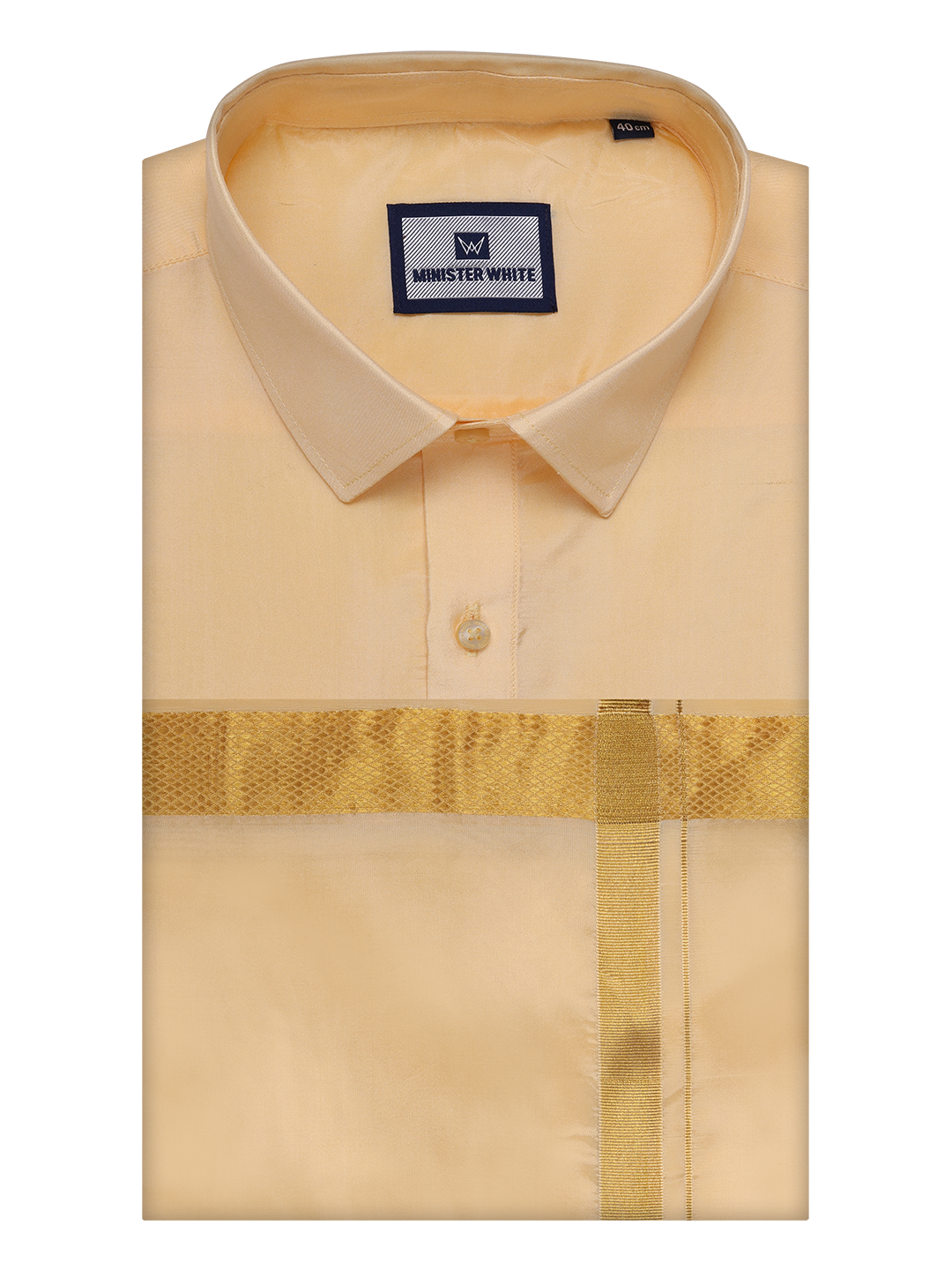 Mens Art Silk Light Gold Full Sleeves Shirt with Copper Jari Border Dhoti Combo Finesse by Minister White