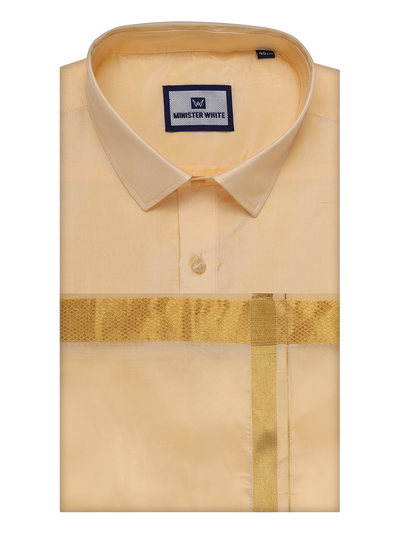 Mens Art Silk Light Gold Full Sleeves Shirt with Copper Jari Border Dhoti Combo Finesse by Minister White