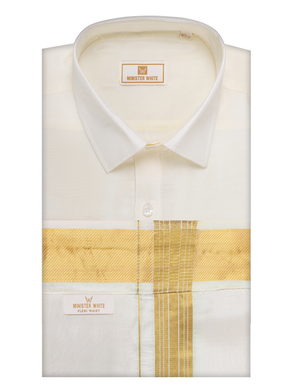 Men's Art Silk Cream Full Sleeves Shirt with 100k Gold Jari Border Flexi Dhoti Combo Finesse