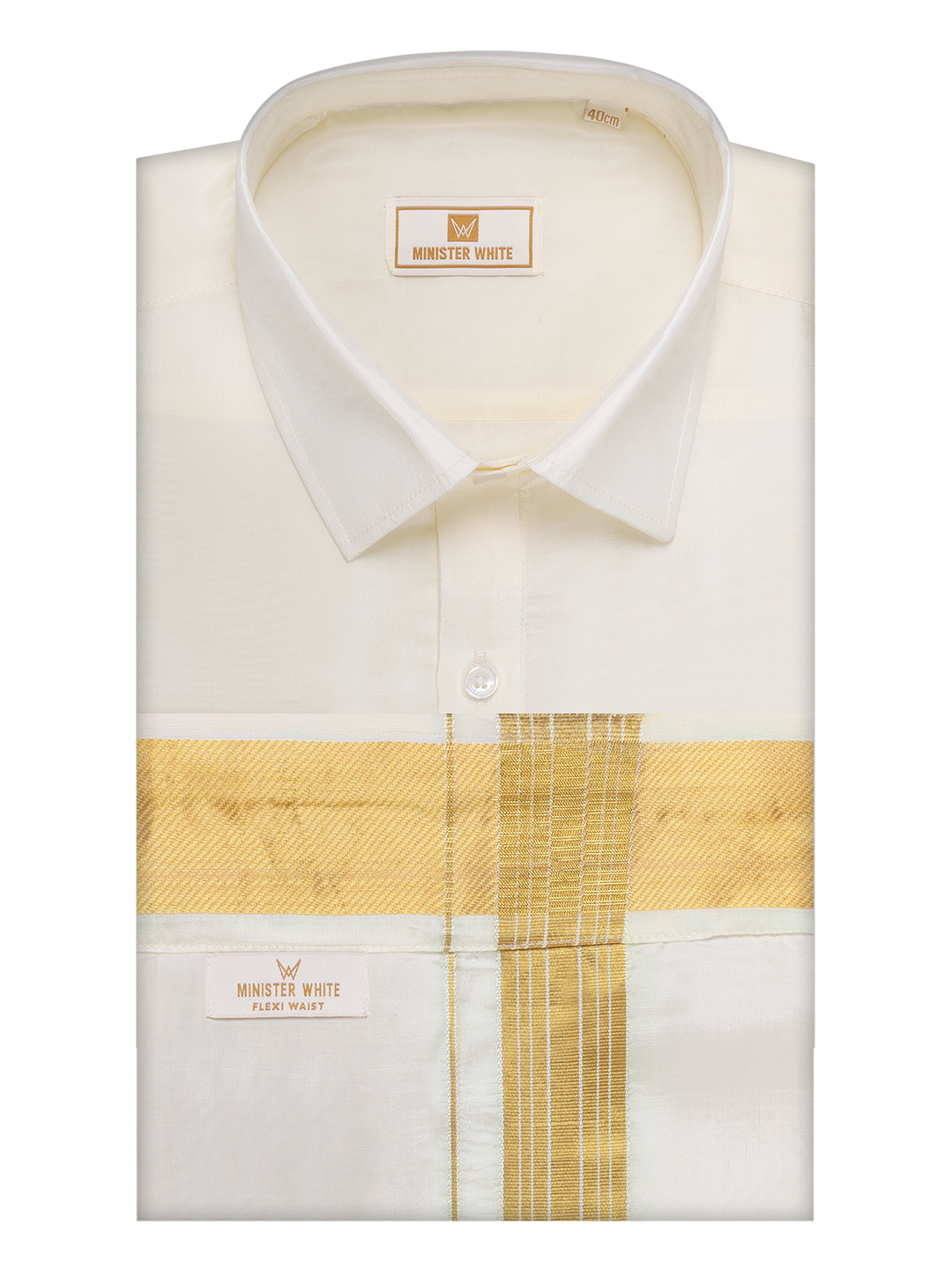 Men's Art Silk Cream Full Sleeves Shirt with 100k Gold Jari Border Flexi Dhoti Combo Finesse