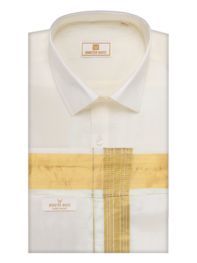 Men's Art Silk Cream Full Sleeves Shirt with 100k Gold Jari Border Flexi Dhoti Combo Finesse