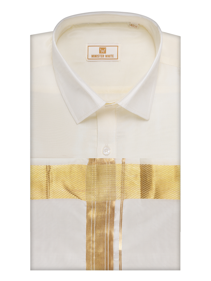 Mens Art Silk Cream Full Sleeves Shirt with 100k Gold Jari Border Dhoti Combo Finesse