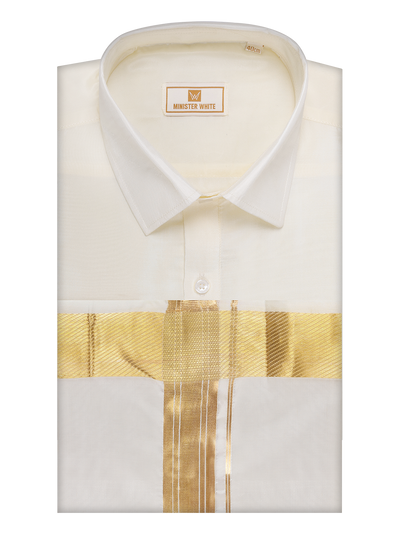 Mens Art Silk Cream Full Sleeves Shirt with 100k Gold Jari Border Dhoti Combo Finesse