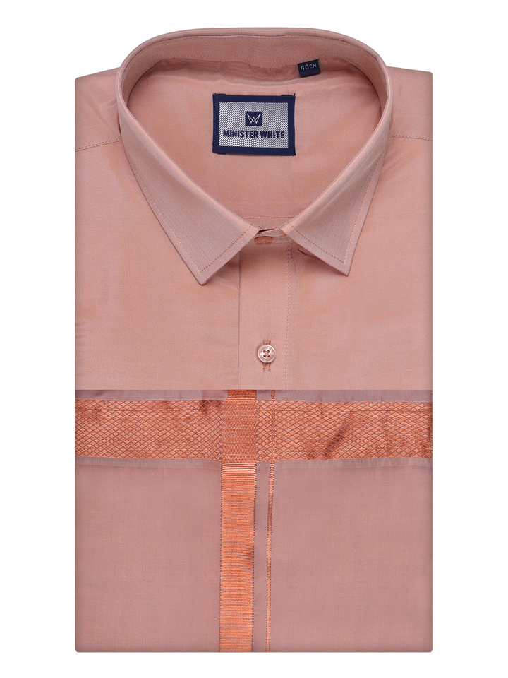 Men's Art Silk Dark Copper Full Sleeves Shirt with Copper Jari Border Dhoti Combo Finesse