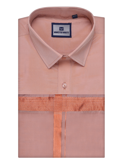 Men's Art Silk Dark Copper Full Sleeves Shirt with Copper Jari Border Dhoti Combo Finesse