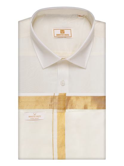 Mens Art Silk Cream Full Sleeves Shirt with 70k Gold Jari Border Flexi Dhoti Combo Finesse