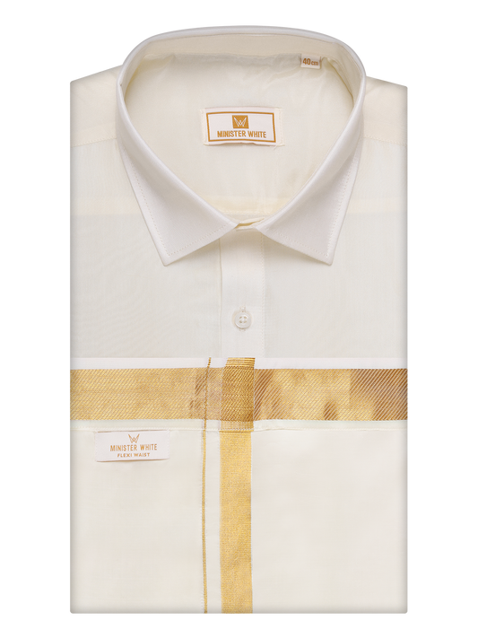 Mens Art Silk Cream Full Sleeves Shirt with 70k Gold Jari Border Flexi Dhoti Combo Finesse
