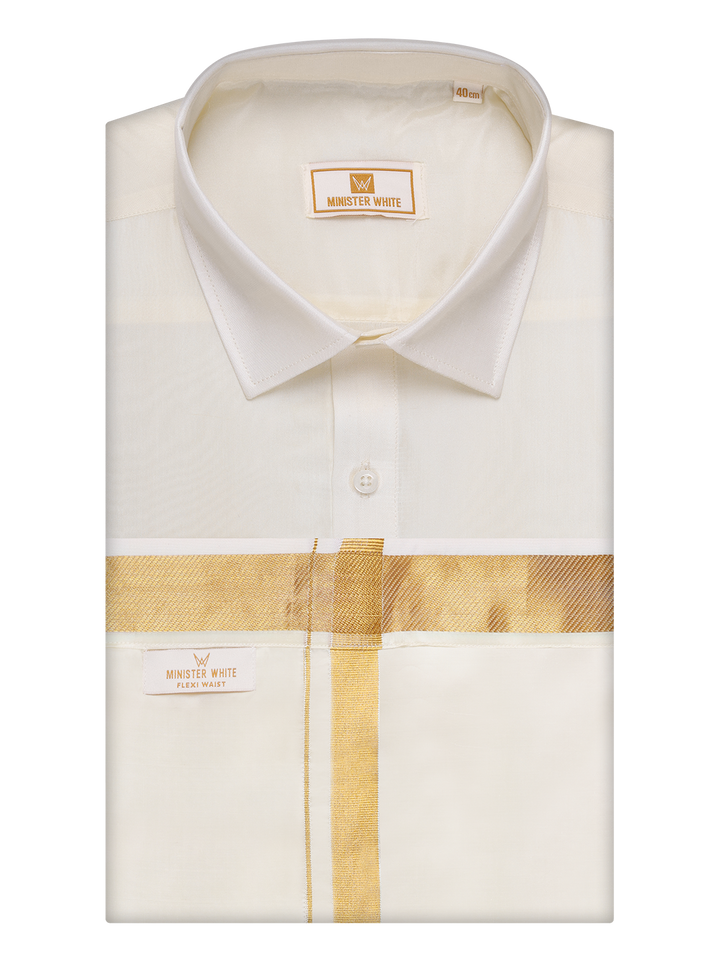 Mens Art Silk Cream Full Sleeves Shirt with 70k Gold Jari Border Flexi Dhoti Combo Finesse