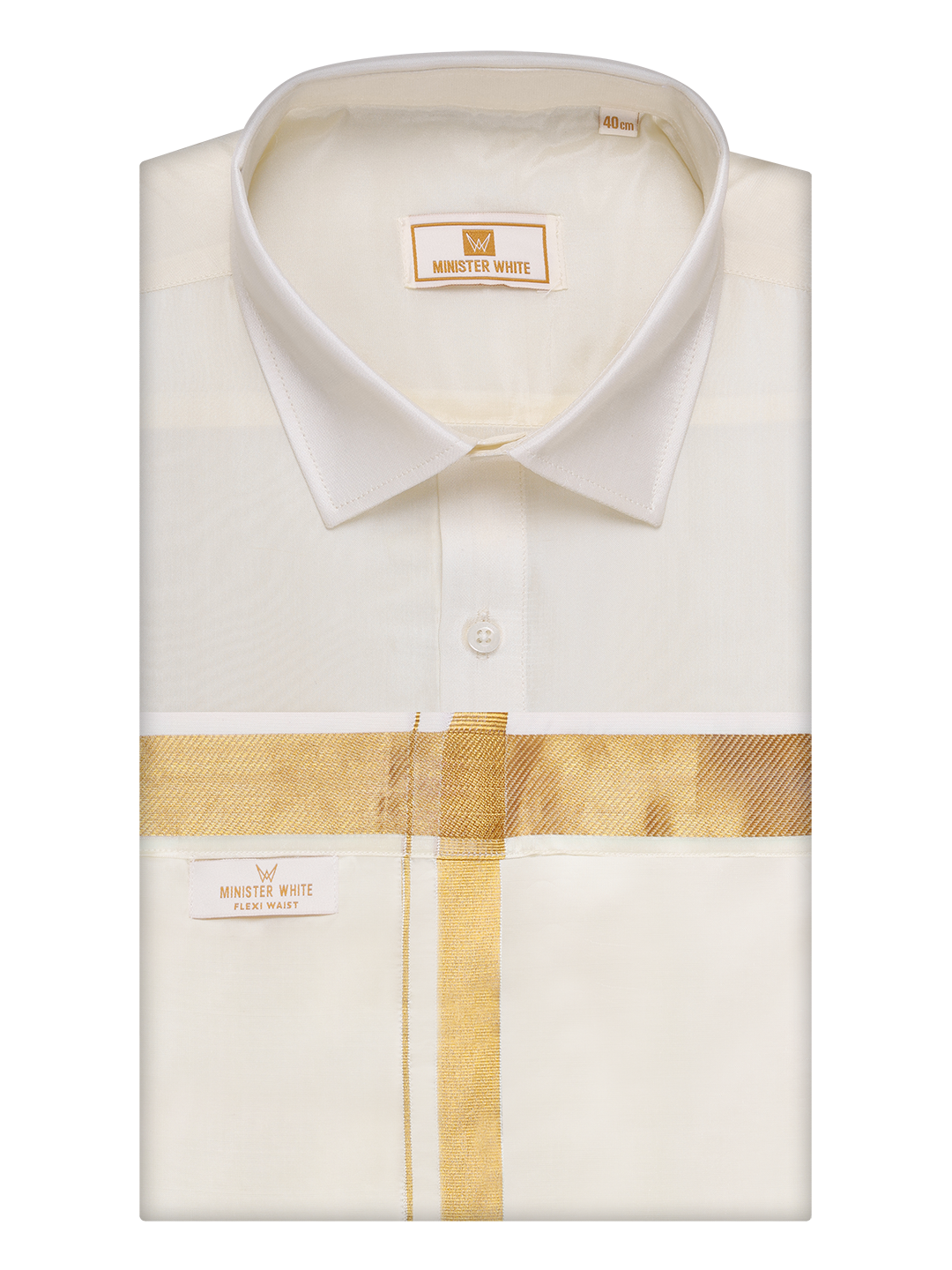 Mens Art Silk Cream Full Sleeves Shirt with 70k Gold Jari Border Flexi Dhoti Combo Finesse