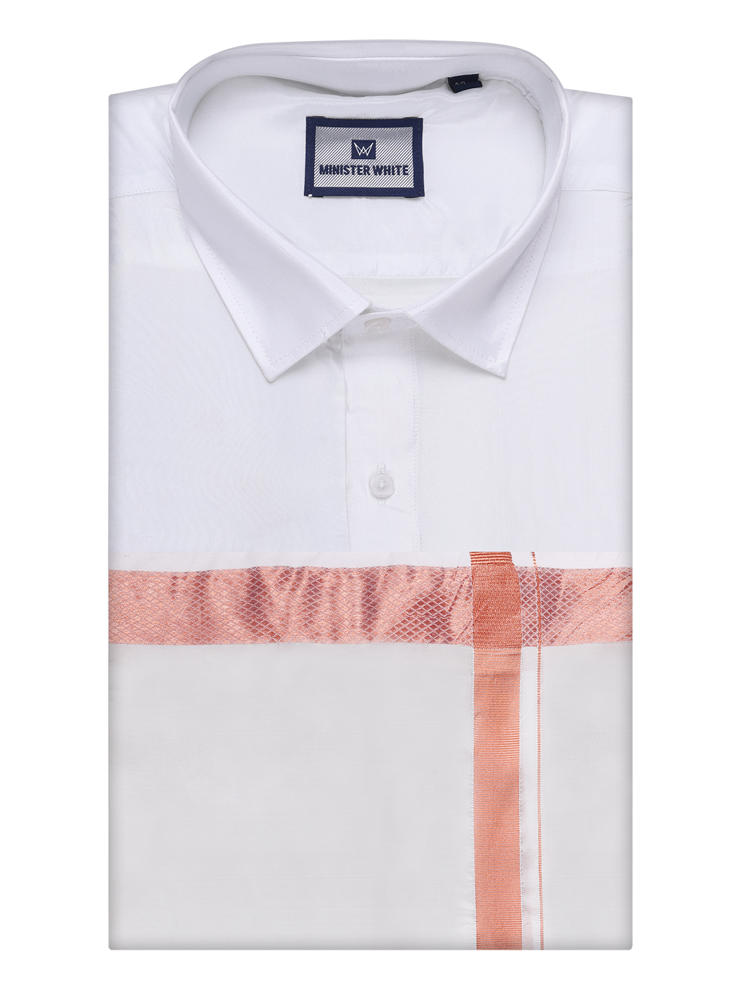 Men's Art Silk Half White Full Sleeves Shirt with Copper Jari Border Dhoti Finesse 