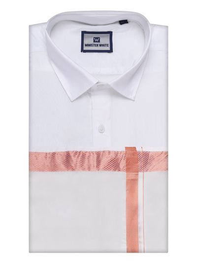 Mens Art Silk Half White Full Sleeves Shirt with Copper Jari Border Dhoti Combo Finesse