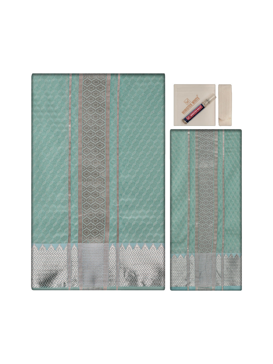 Men's Premium Art Silk Sea Green Shirt Bit with 2 1/2" Copper Jari Border Dhoti Towel Combo Sieger