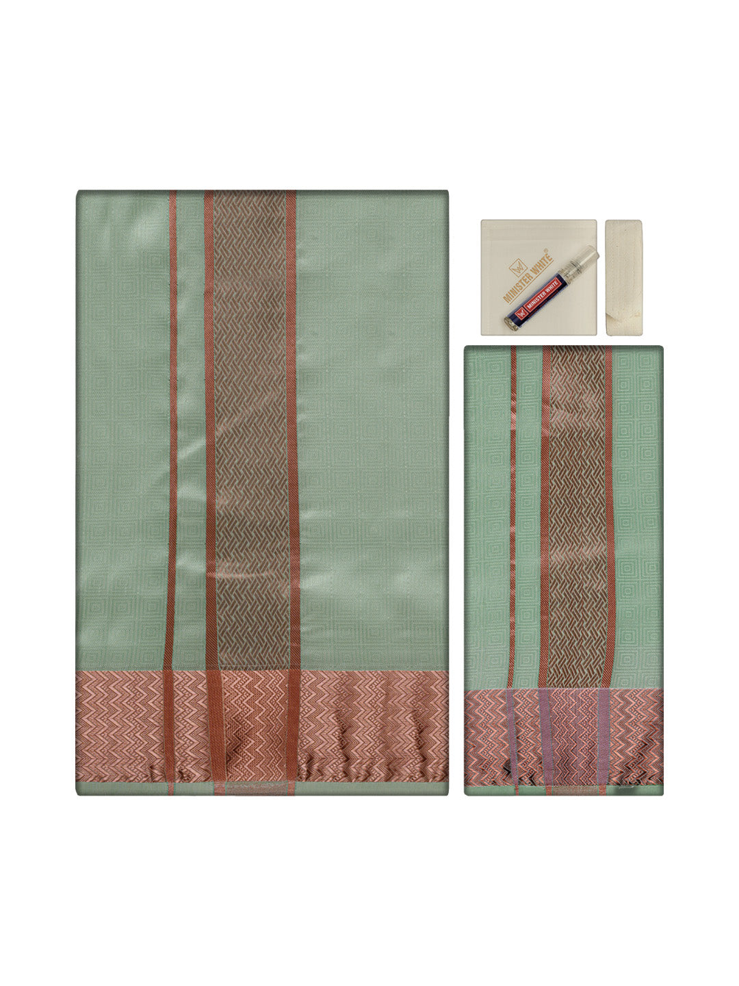 Men's Premium Art Silk Pista Shirt Bit with 2 1/2" Copper Jari Border Dhoti Towel Combo Sieger