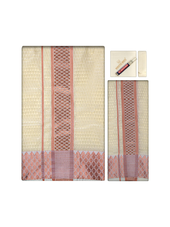 Men's Premium Art Silk Cream Shirt Bit with 2 1/2" Copper Jari Border Dhoti Towel Combo Sieger