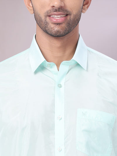 Mens Art Silk Mint Leaf Full Sleeves Shirt with Gold Jari Border Flexi Dhoti Combo Finesse
