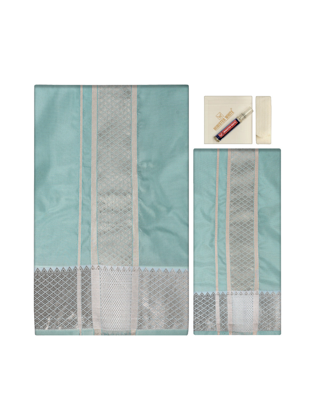 Men's Plain Art Silk Sea Green Full Sleeves Shirt with 3"Jacquard Silver Jari Border Flexi Dhoti Combo Mangal