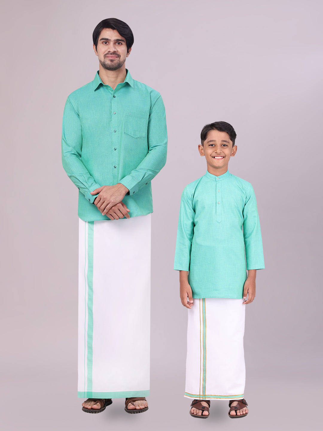 Father & Son Mint Blue Men Shirt Dhoti Set with Kids Kurta Dhoti Set Combo