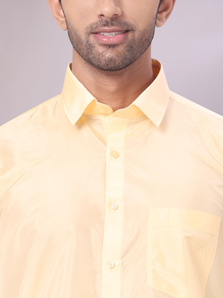 Mens Art Silk Light Gold Full Sleeves Shirt with Gold Jari Border Dhoti & Towel Combo Blush