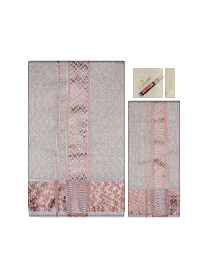 Men's Premium Art Silk Light Copper Shirt Bit with 2 1/2" Copper Jari Border Dhoti Combo Sweden