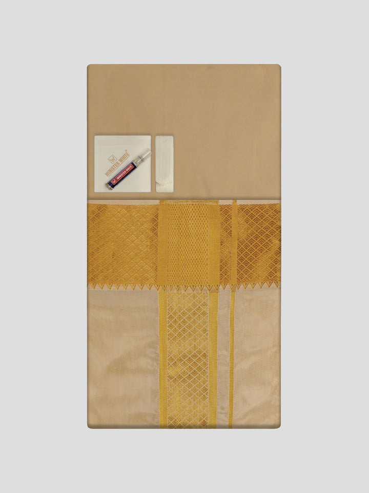 Men's Art Silk Fawn Gold Full Sleeves Shirt with 3" Gold Jari Border & Towel Dhoti Combo Mangal