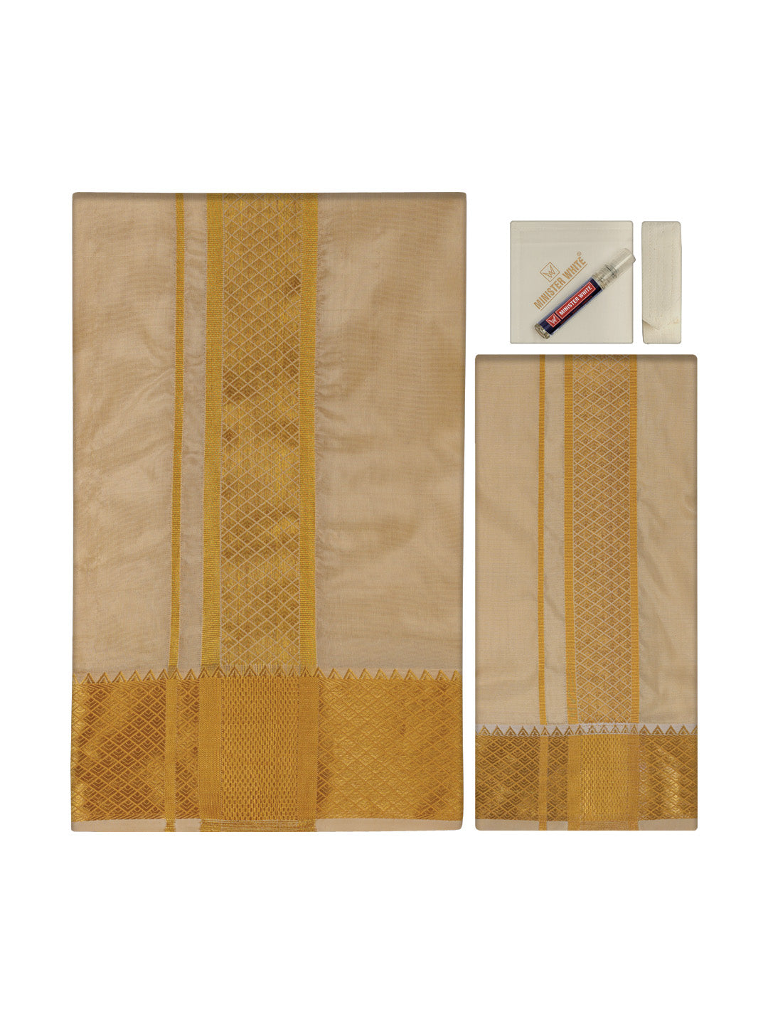 Mens Art Silk Fawn Gold Full Sleeves Shirt with 3"  Gold Jari Border & Towel Dhoti Combo Mangal