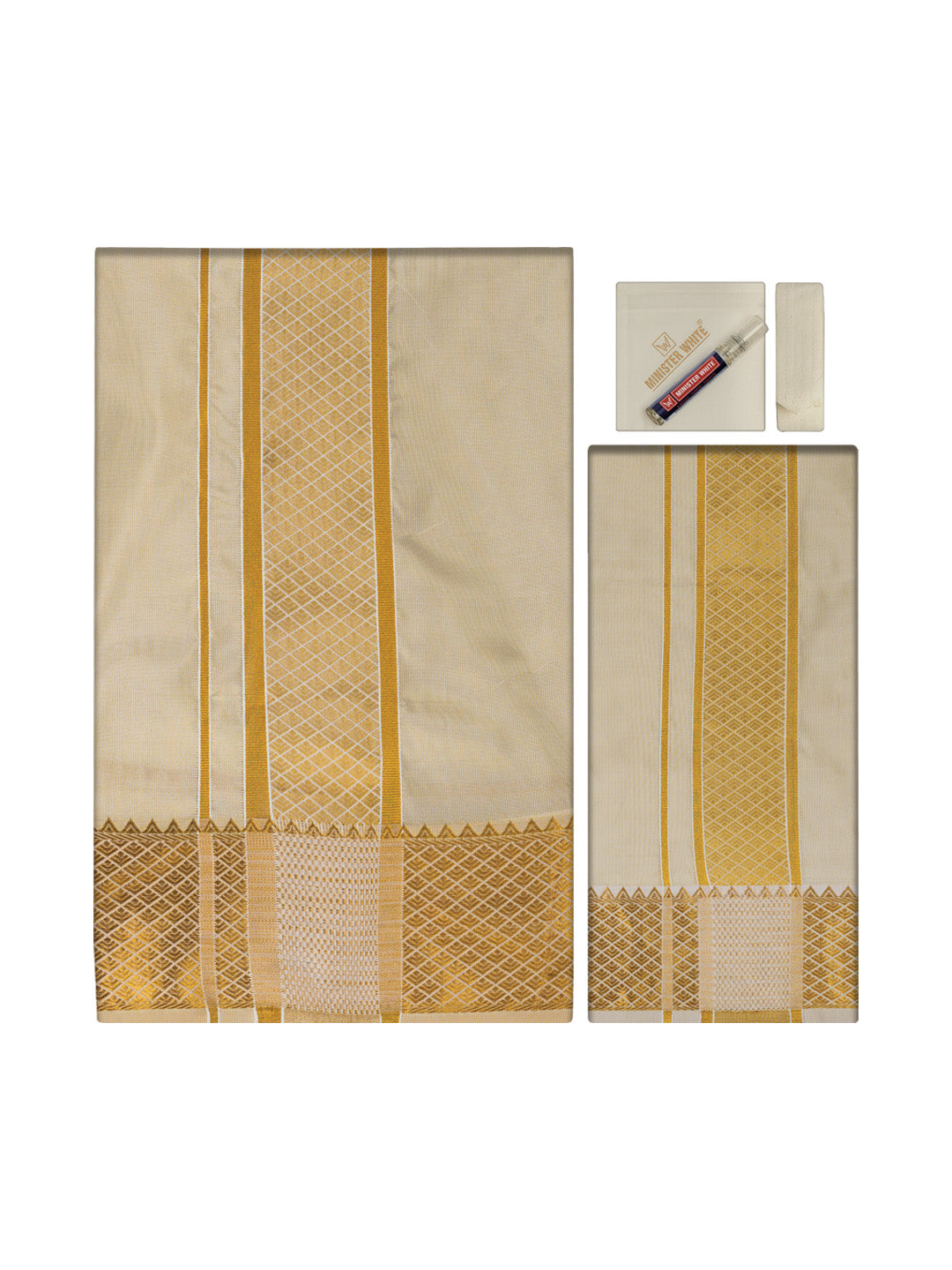 Men's Premium Art Silk Medium Gold Shirt Bit with 3" Gold Jari Border Dhoti Combo Tilak