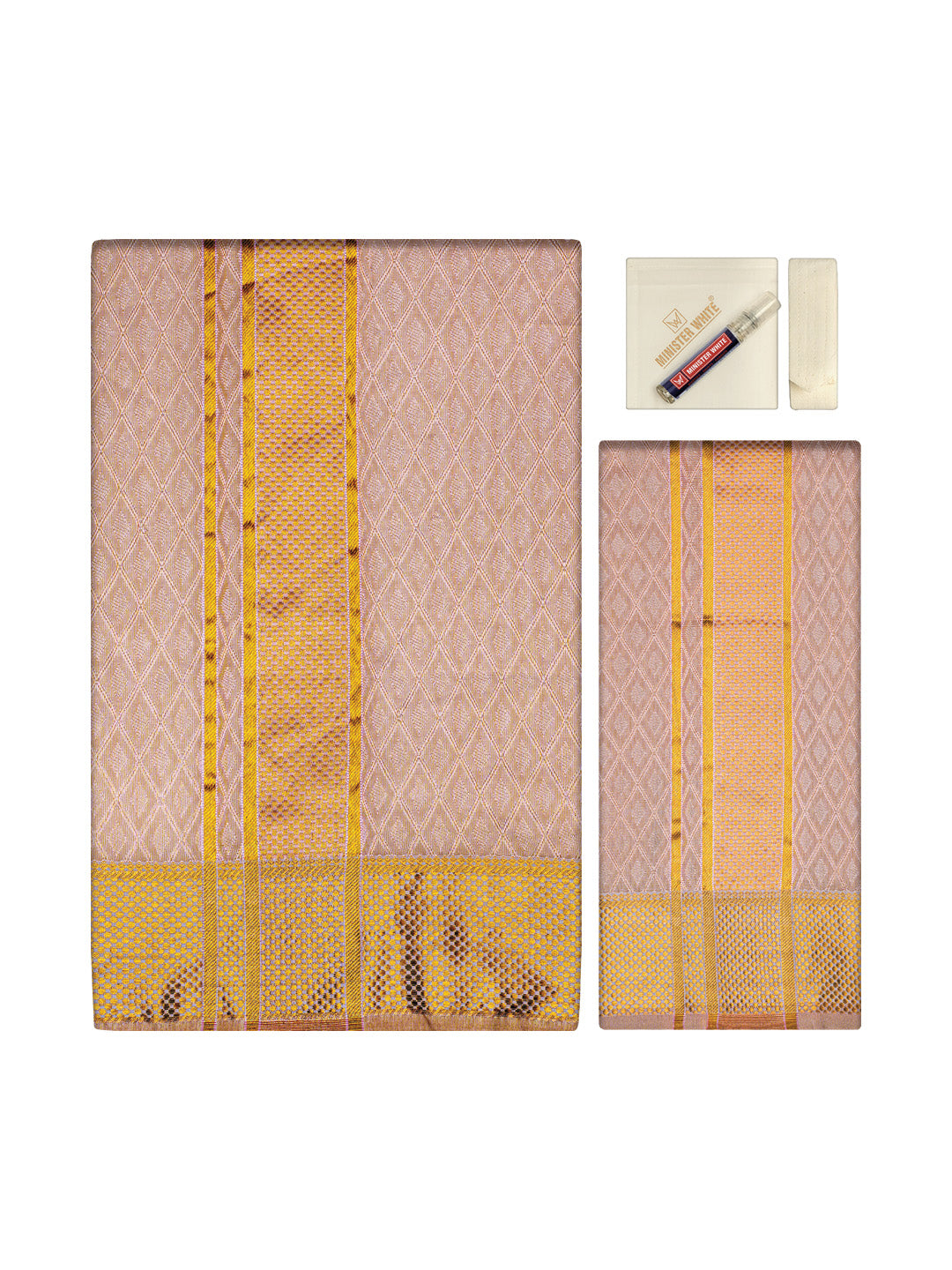 Men's Premium Art Silk Pink Shirt Bit with 2 1/2" Gold Jari Border Dhoti Towel Combo Sweden