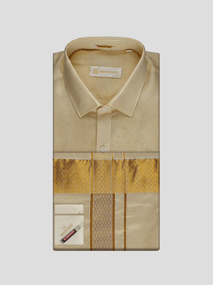 Men's Art Silk Fawn Jacquard Full Sleeves Shirt with 2 1/2" Gold Jari Border Dhoti & Towel Combo Nautica