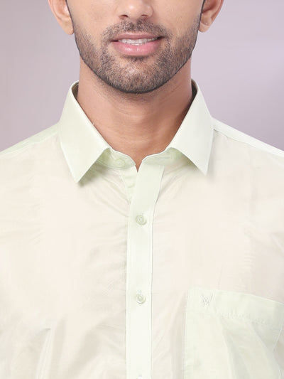 Mens Art Silk Pista Green Full Sleeves Shirt with Gold Jari Border Flexi Dhoti Combo Finesse