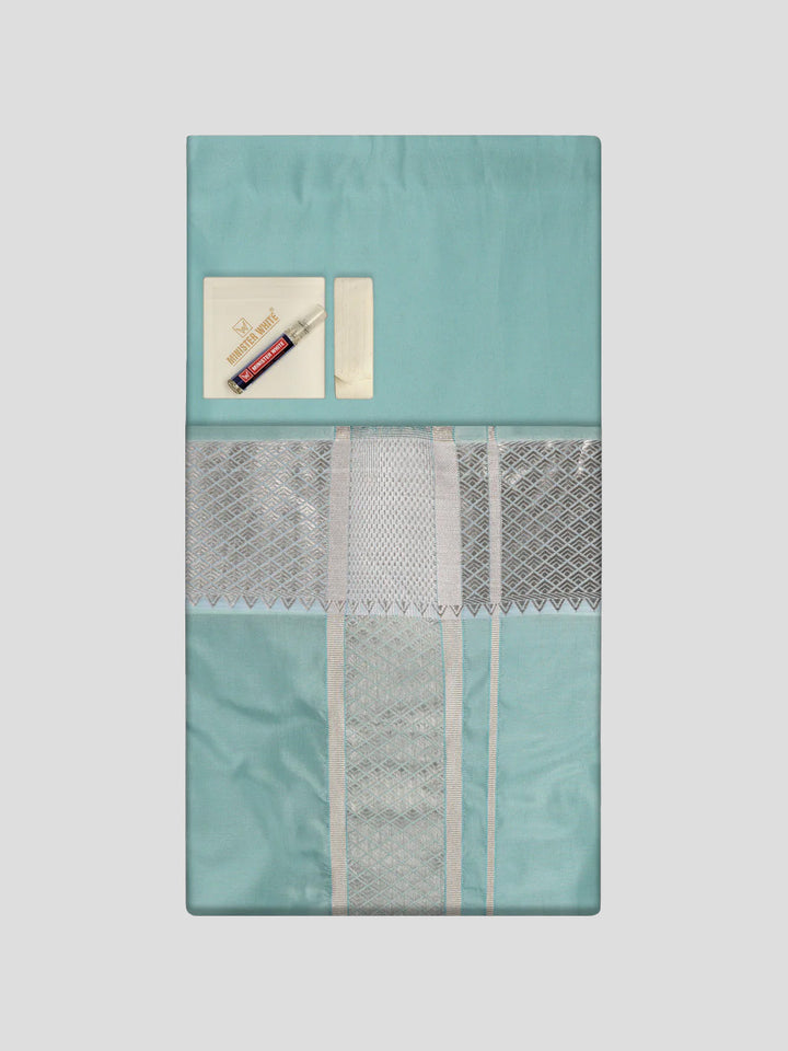 Men's Plain Art Silk Sea Green Full Sleeves Shirt with 3"Jacquard Silver Jari Border Flexi Dhoti Combo Mangal