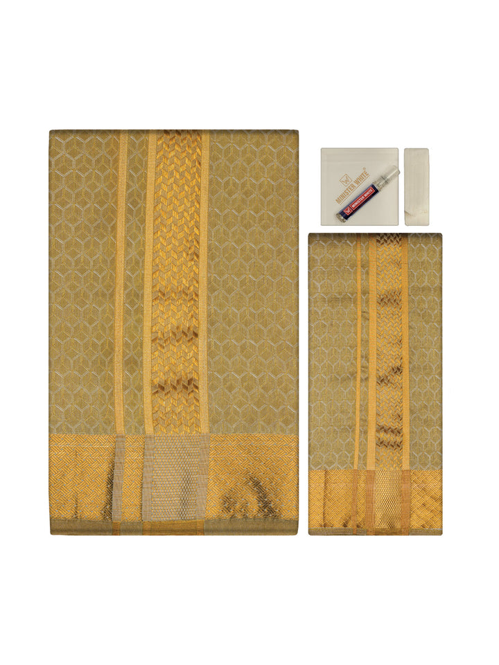 Men's Premium Art Silk Mango Shirt Bit with 2 1/2" Gold Jari Border Dhoti Combo Sweden