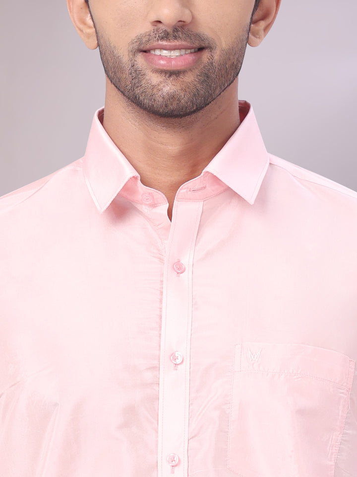 Mens Art Silk Pink Full Sleeves Shirt with Gold Jari Border Flexi Dhoti & Towel Combo Blush