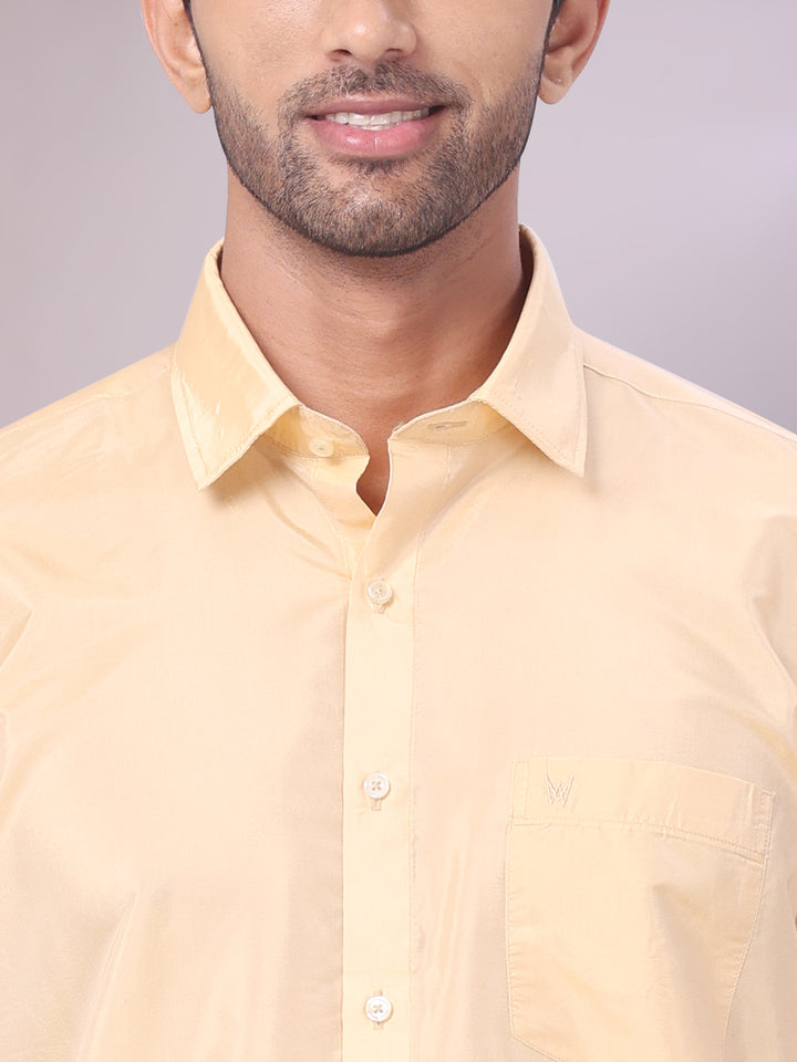 Mens Art Silk Medium Gold Full Sleeves Shirt with Gold Jari Border Dhoti & Towel Combo Blush