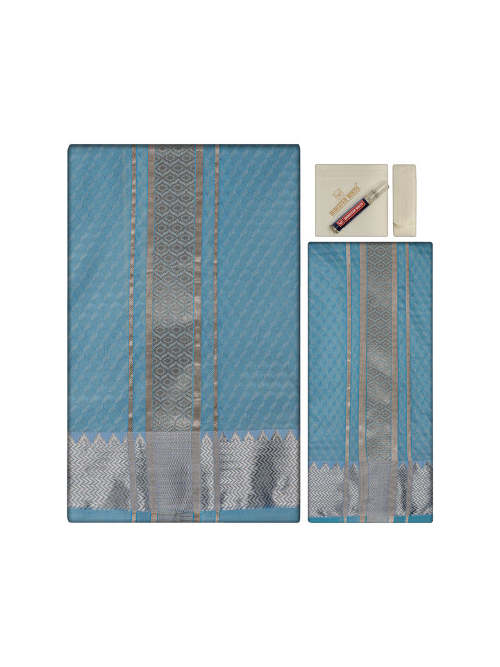 Men's Premium Art Silk Sky Blue Shirt Bit with 2 1/2" Silver Jari Border Dhoti Towel Combo Sieger
