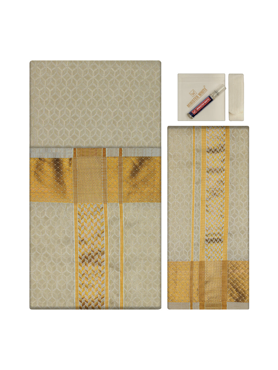 Men's Premium Art Silk Cream Shirt Bit with 2 1/2" Gold Jari Border Dhoti Towel Combo Sweden