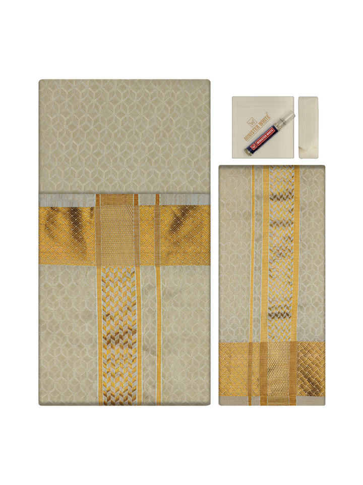 Men's Premium Art Silk Cream Shirt Bit with 2 1/2" Gold Jari Border Dhoti Towel Combo Sweden