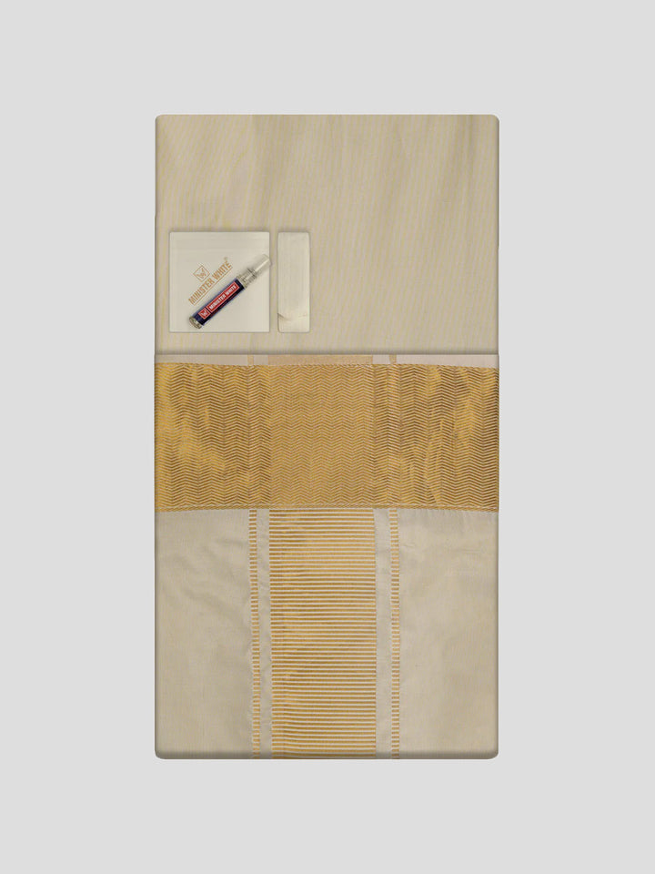 Men's Art Silk Medium Gold Jacquard Full Sleeves Shirt with 4" Gold Jari Border & Towel Dhoti Combo Mangal