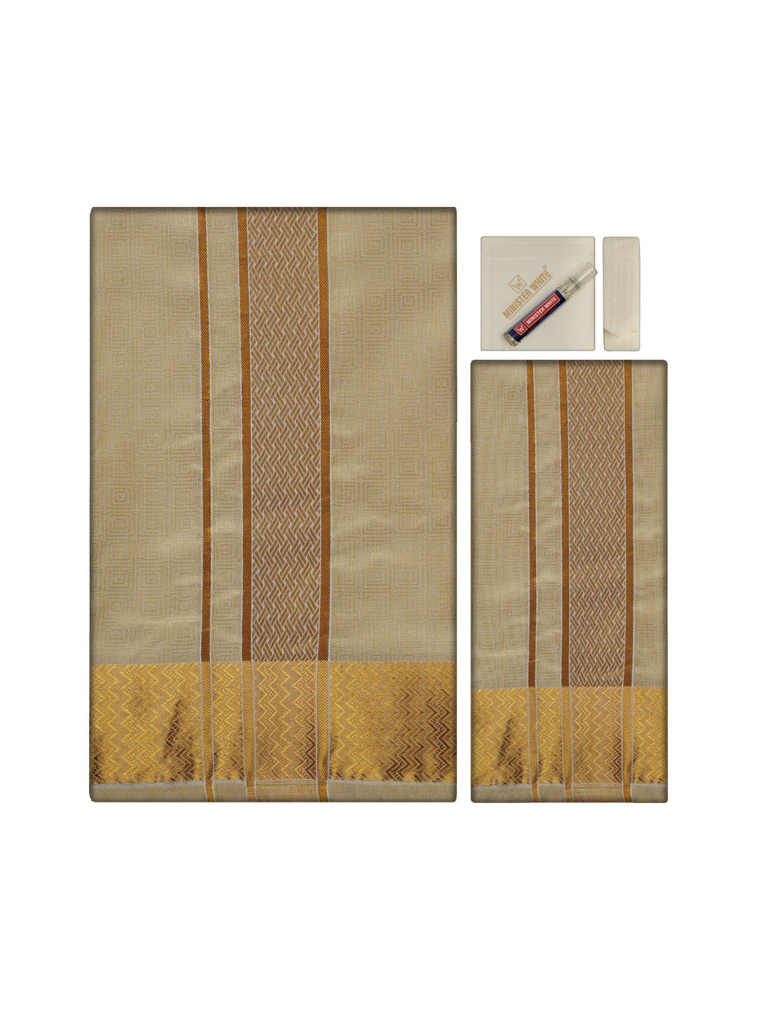Men's Premium Art Silk Fawn Shirt Bit with 2 1/2" Gold Jari Border Dhoti Towel Combo Sieger