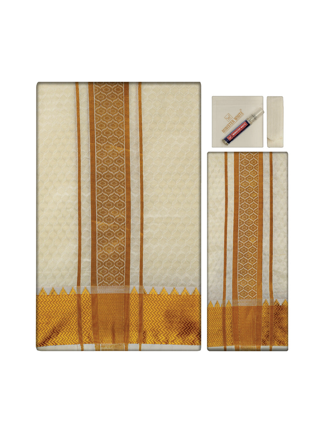 Men's Premium Art Silk Cream Shirt Bit with 2 1/2" Gold Jari Border Dhoti Combo Sieger