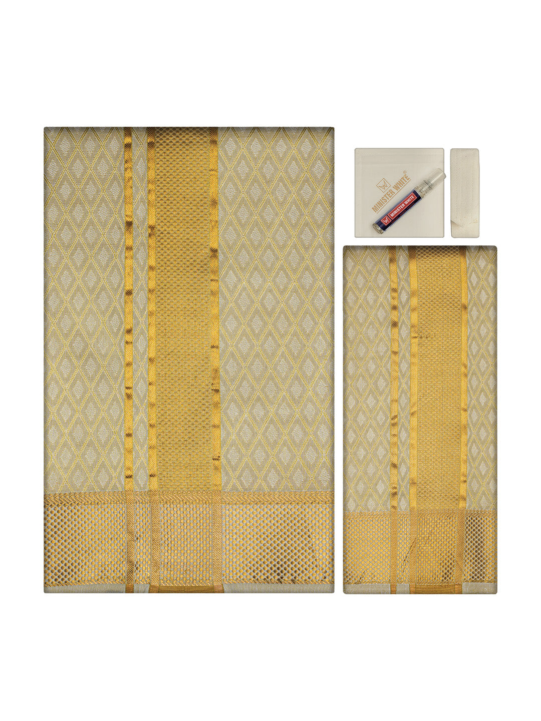 Men's Premium Art Silk Fawn Shirt Bit with 2 1/2" Gold Jari Border Dhoti Towel Combo Sweden